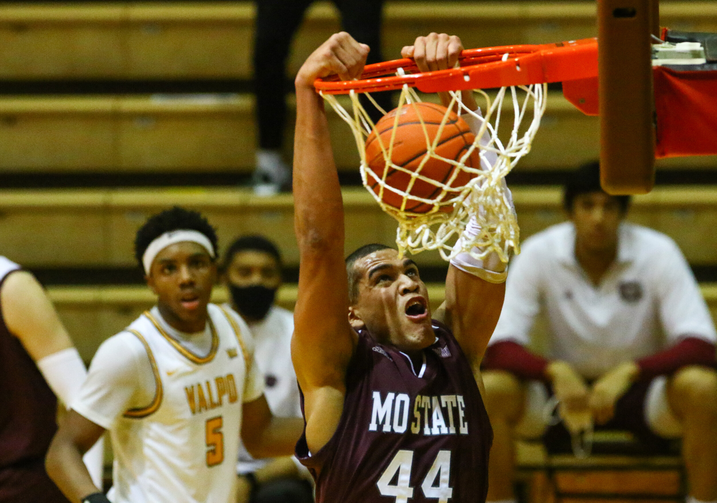 Missouri State’s Gage Prim throws down a dunk against Valparaiso on Jan. 9, 2021 at the Athletics-Recreation Center.