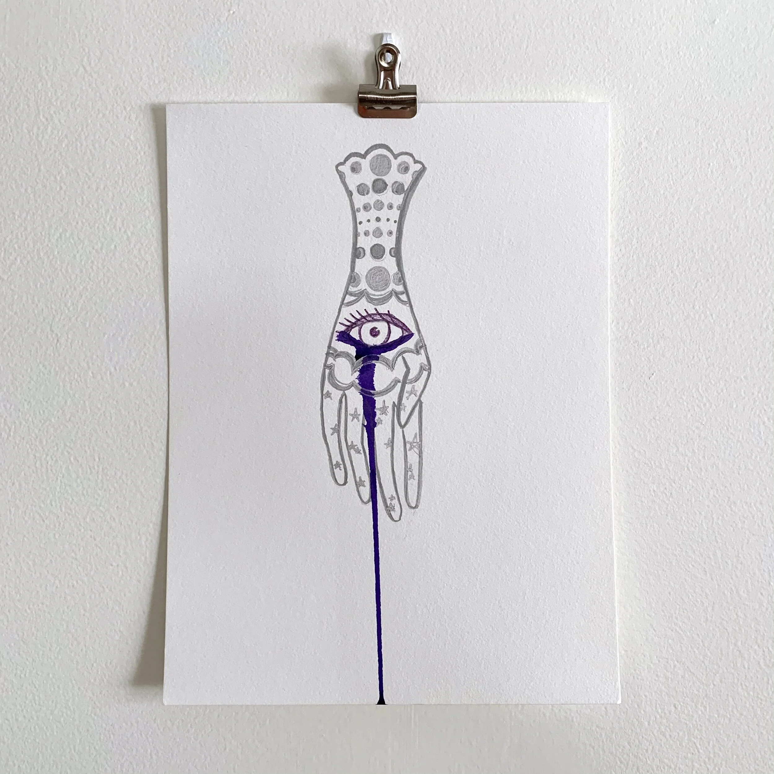 Hamsa, Eye in Hand, Silver and Violet - 9”W x 12”L