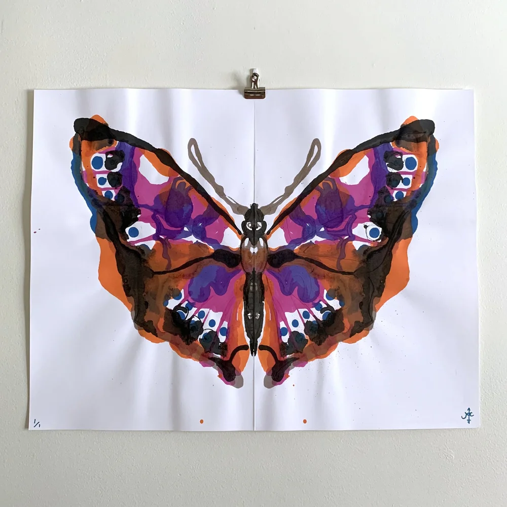 Brown, Black, Orange, Magenta and Blue Inkblot Butterfly Art - 25