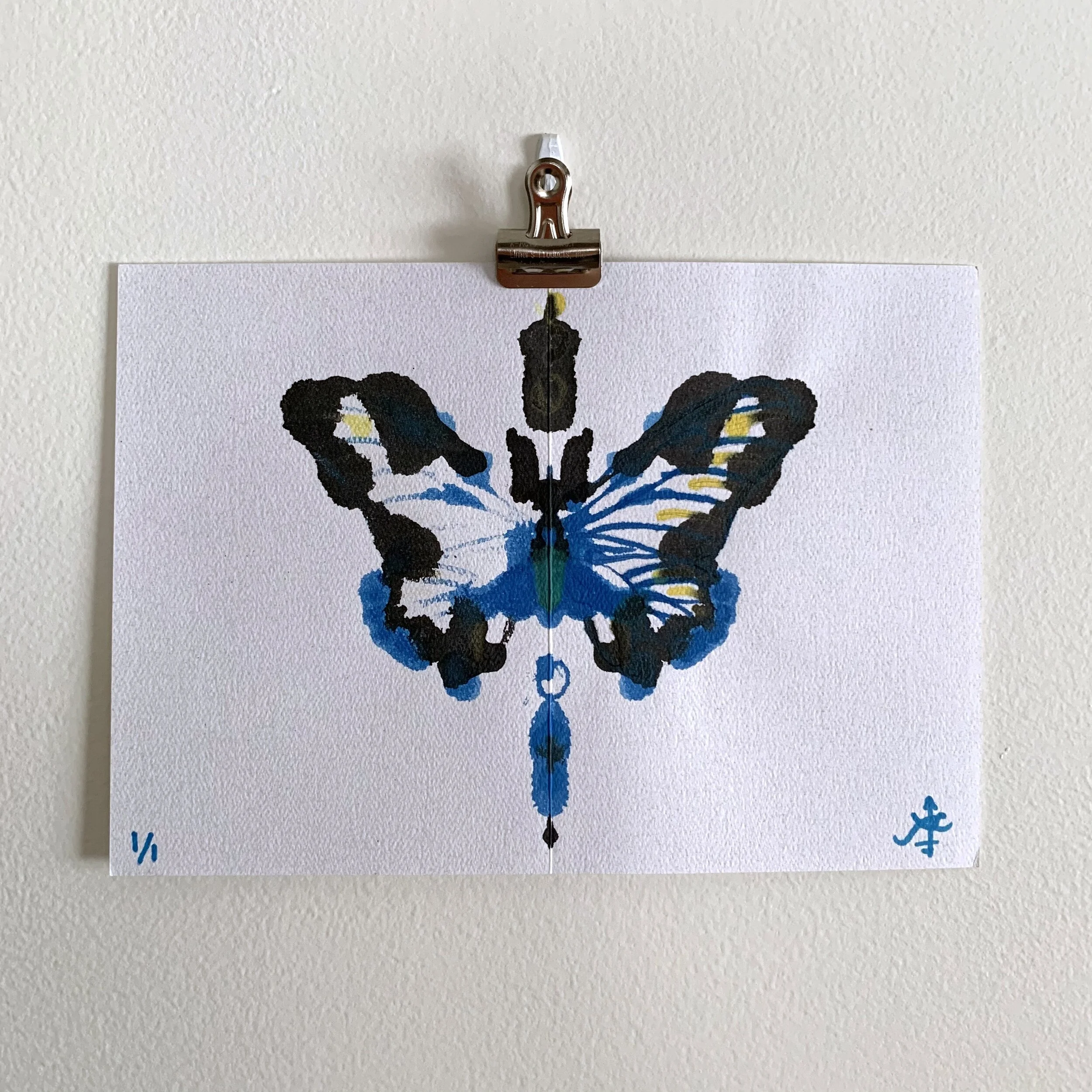 Inkblot Butterfly, Blue, Black &amp; Yellow - 10”W x 7”L