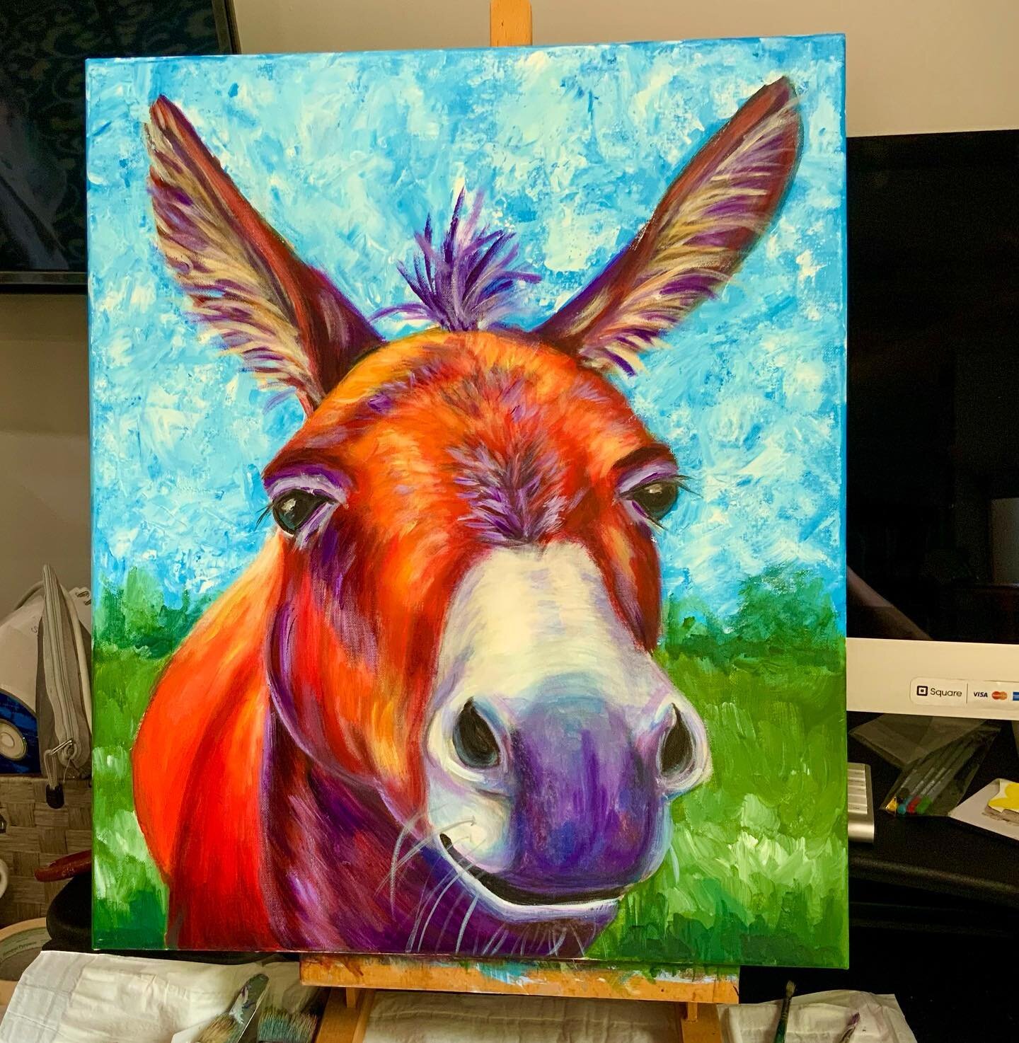 Poor Donkey needs a name. 

Come visit him tonight at @artcentergvl #firstfriday and help me name him. 💜 🫏 

#donkeylove #abstractrealism #artcenter #trpainter #westendartsdistrict