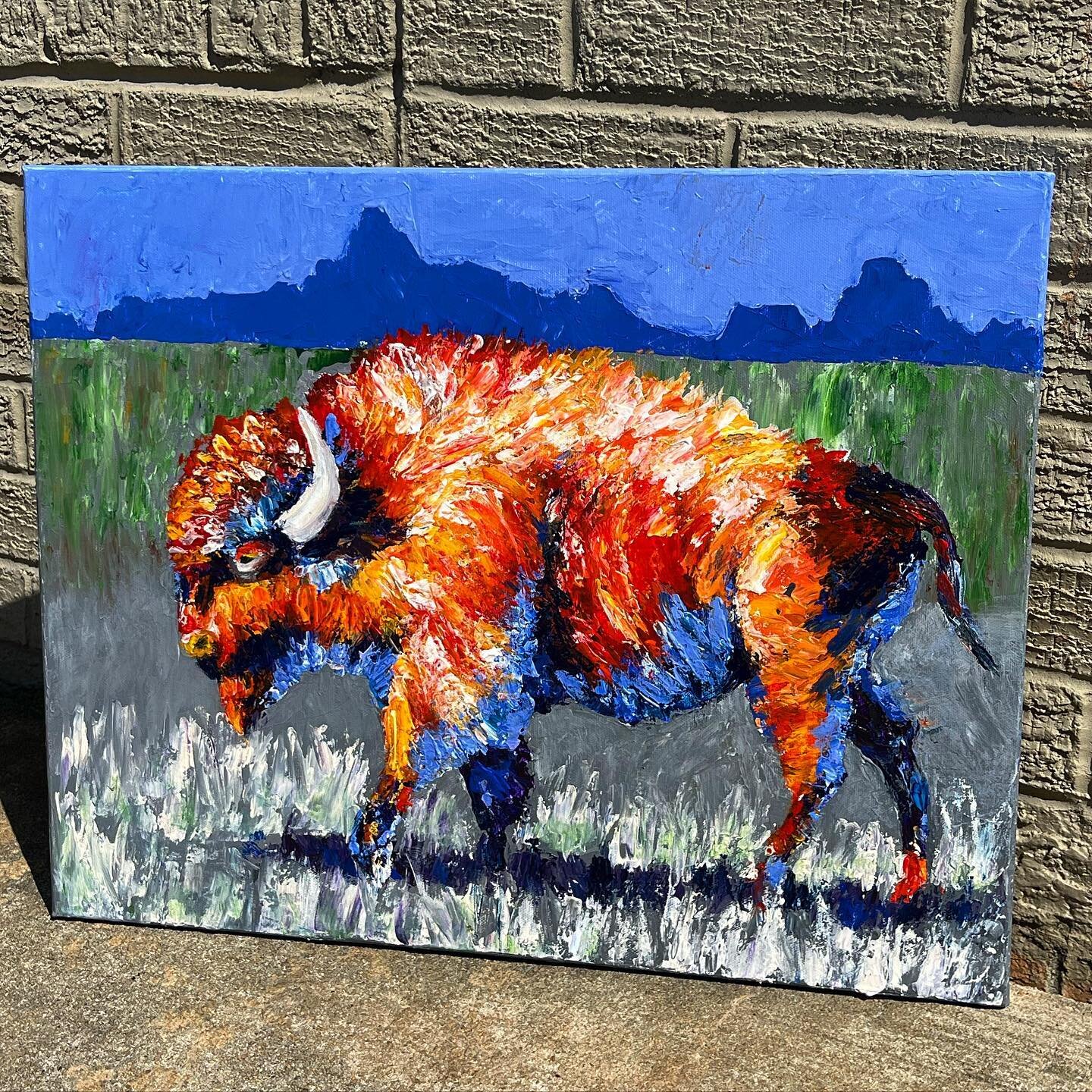Hey a psychedelic bison. He makes me think of the he all the new crayons for Back to School. 🖍️ . 

He still has some fine tuning, but I&rsquo;m going to give him a few days on the shelf  to decide what he needs. 

Any suggestions? 

#bisonart #psyc