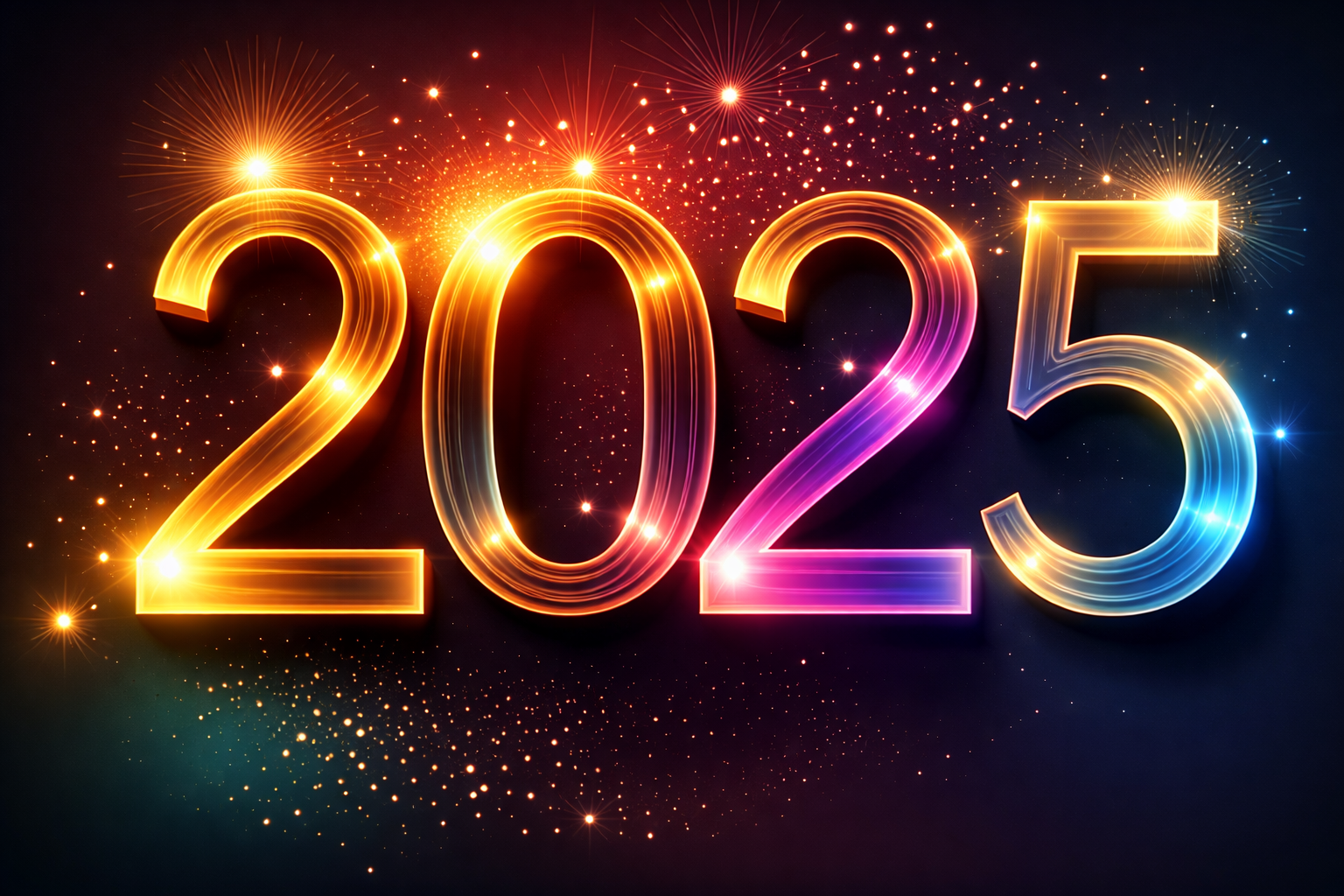 A visual graphic of fireworks, stars, and lights, with the year 2025 written in the center of it.