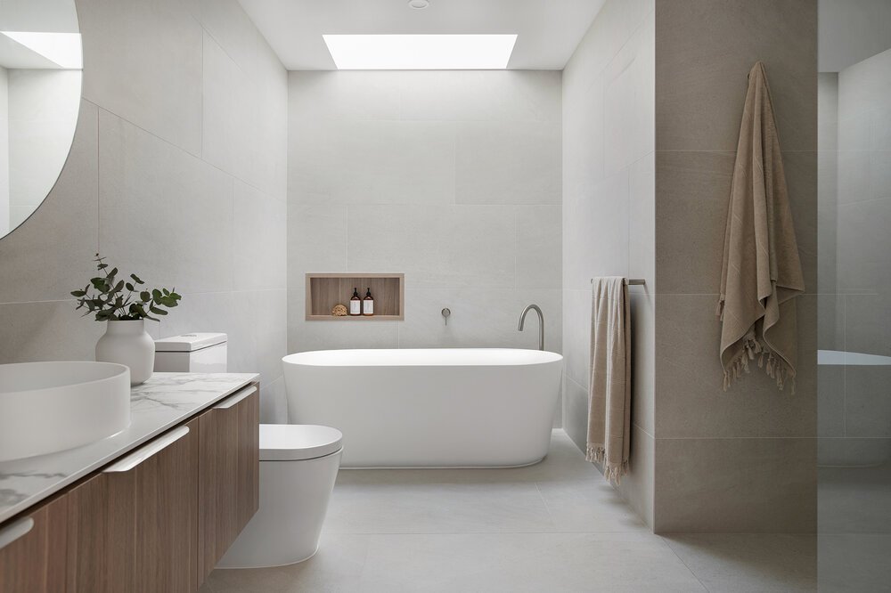 Freestanding white bathtub in retreat home design bundle for home remodel