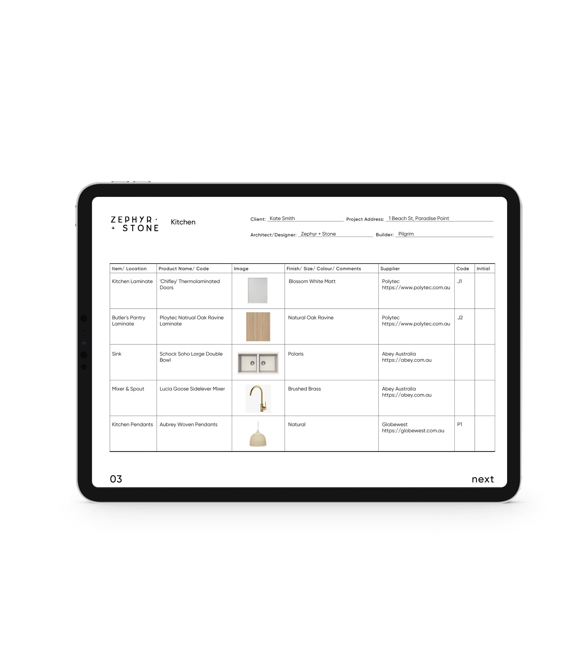 Finishes Schedule Template for builders, interior designers, architects and remodel contractors