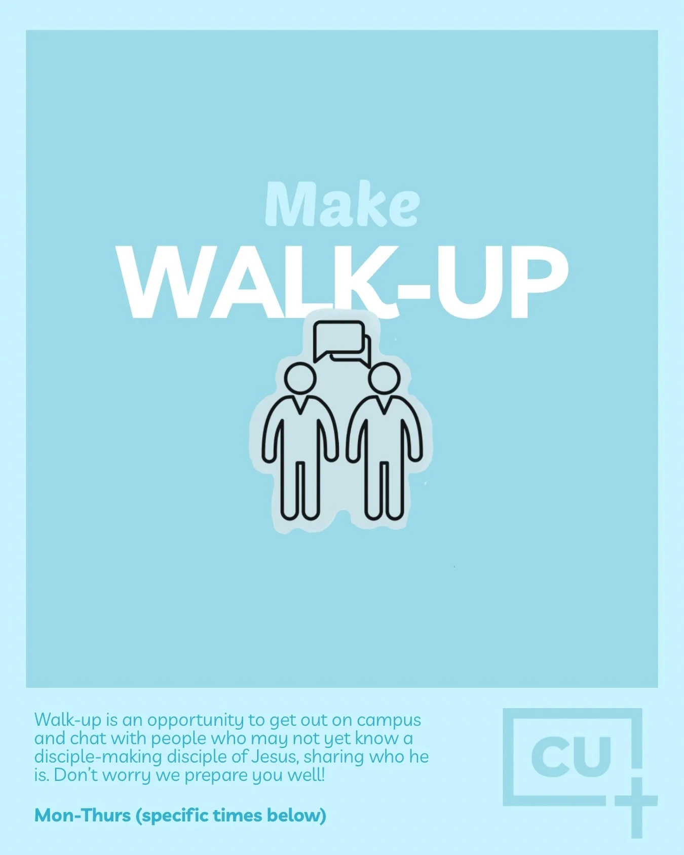 Come join us doing on campus Walk-Up! Starting this week.

Mon 1-2pm
Tues 11-12pm
Wed 1-2pm
Thurs 12-1pm

Register using the link in our bio