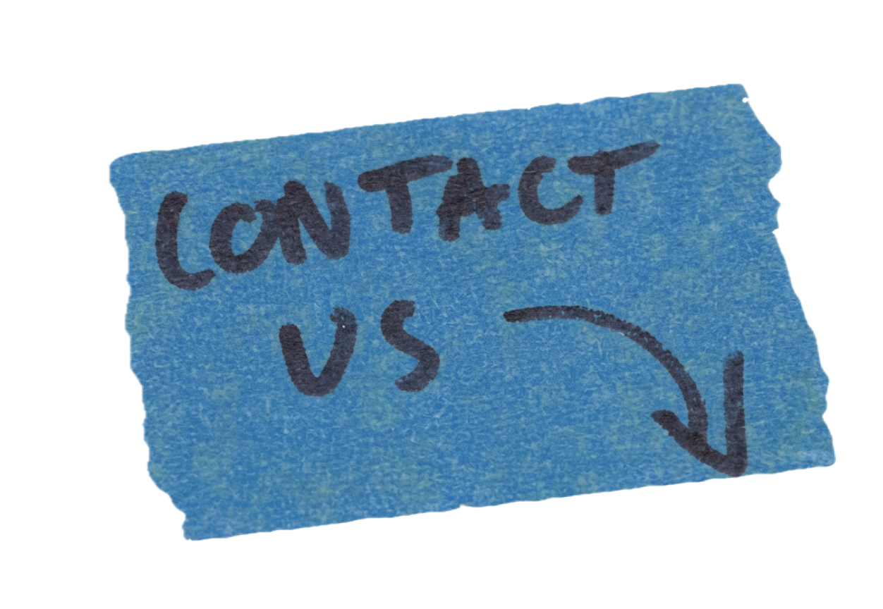 Handwritten note on a blue piece of paper that says "CONTACT US" with an arrow pointing downwards.