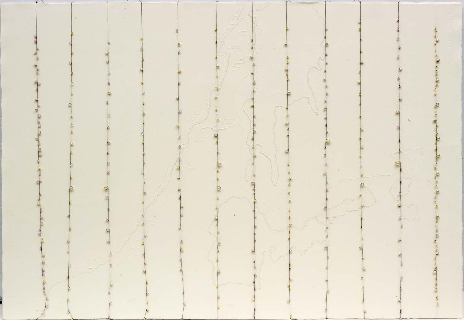 Perles diverses I, map of "Plan de la baie de Castries" . antique Venetians and dress making glass beads, bone beads, linen thread, 54 x 78 cm