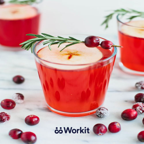 red cranberry juice mocktail with rosemary and cranberry garnish