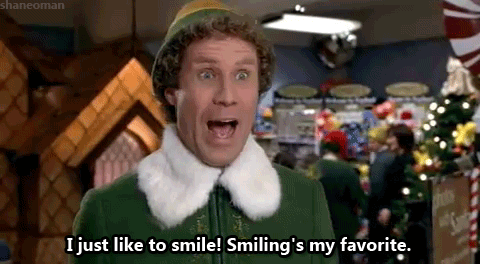 GIF of Buddy the Elf saying, "I just like to smile! Smiling's my favorite."