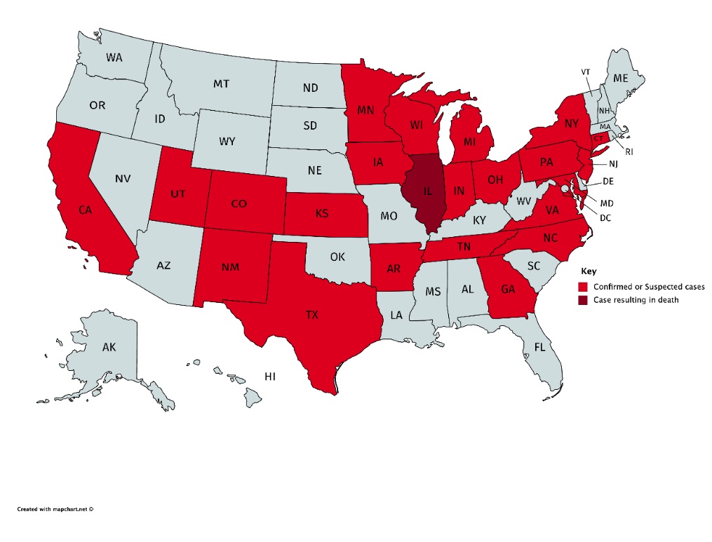  U.S. States with confirmed or suspected cases of severe lung disease. 