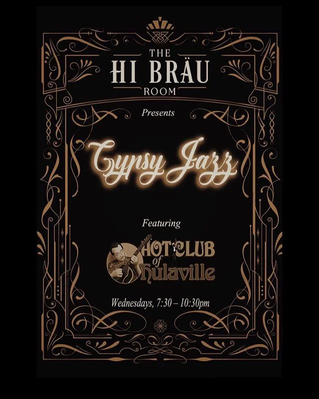 Starting this Wednesday, and every Wednesday thereafter, we will be opening @thehibrauroom at 5pm and featuring live gypsy jazz from 7:30 - 10:30pm.