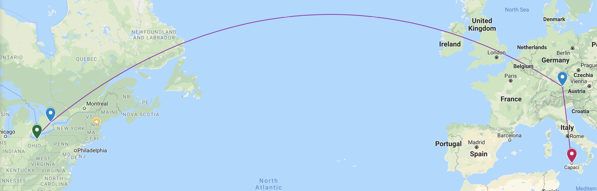 Sicily from Cleveland, via Toronto and Munich Source: Google Maps