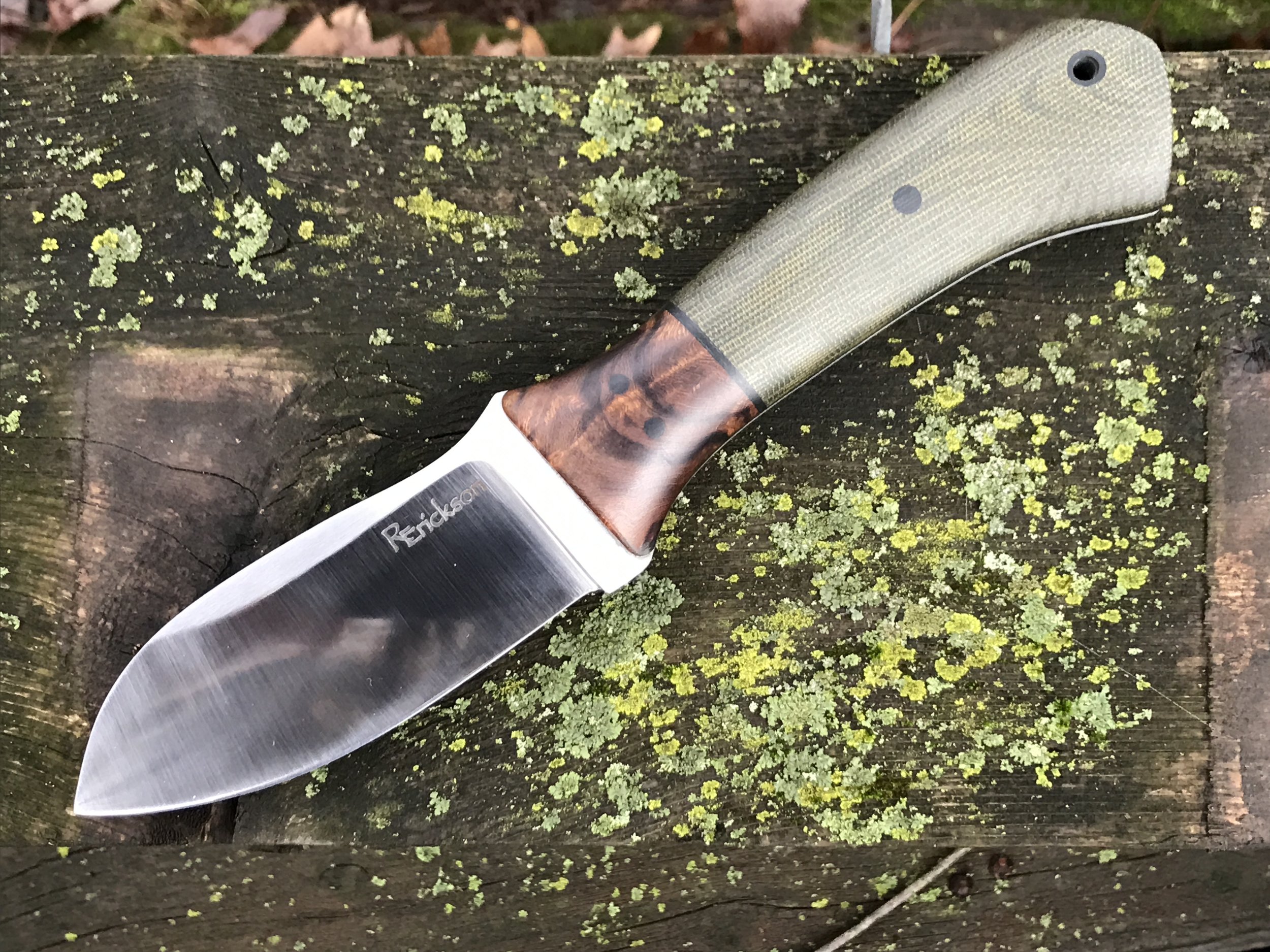 Nessmuck style knife in Green micarta and Walnut bolsters