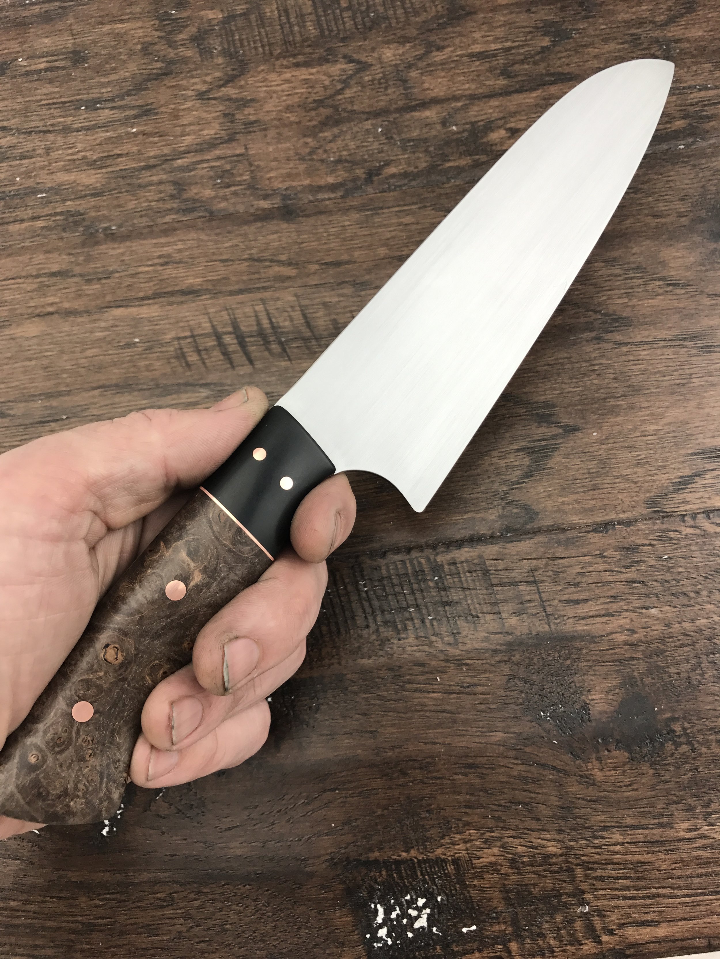Spalted Maple Burl and black paper micarta bolsters
