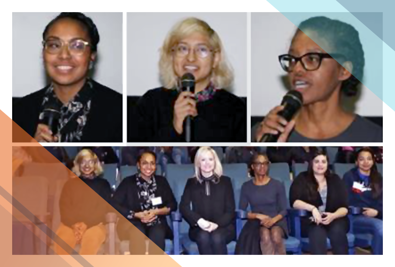 Top (left to right): Speakers Zalyndria Crosby, Nupur Shridhar, and Gelonia Dent Bottom photo: Panelists, moderator Kim Arcand, and student attendees in the front row for film screening.