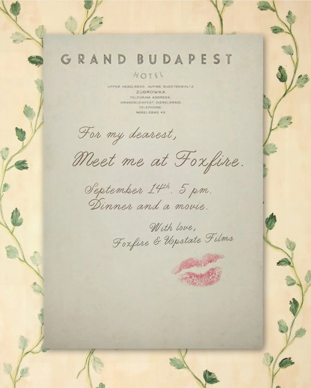 🍿 Dinner &amp; A Movie With @upstate_films 

This September, plan a visit to the:

GRAND BUDAPEST MOUNTAIN HOUSE

Step into the whimsical world of Wes Anderson for a one-of-a-kind evening with @upstate_films , inspired by The Grand Budapest Hotel. S
