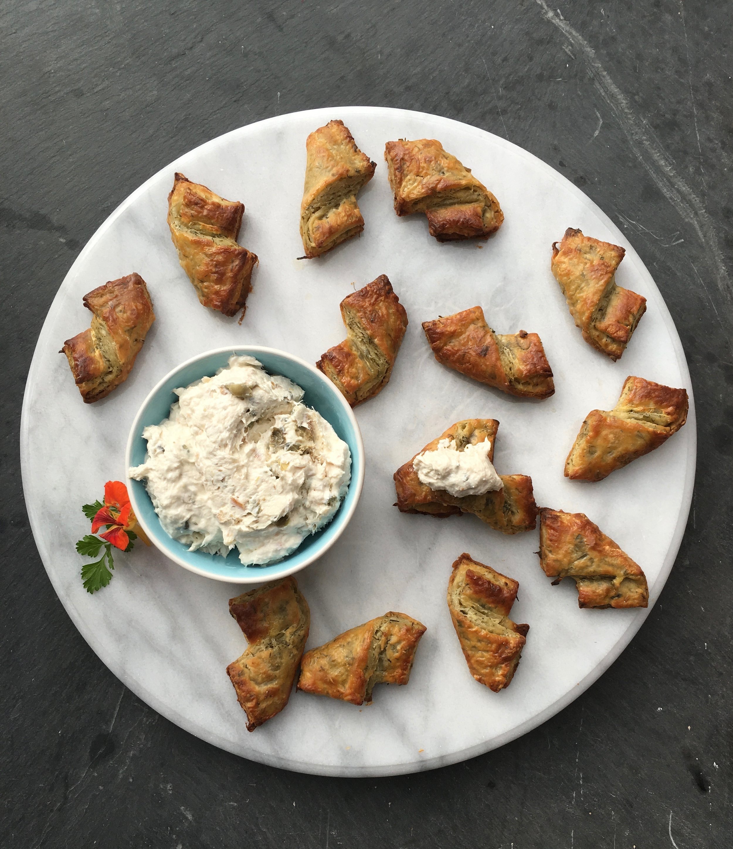 Horseradish dill pastries with smoked trout dip