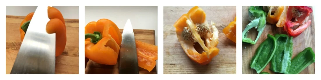 Holding the washed pepper by the stem, cut just underneath the pepper's shoulder, behind the seam where the rib attaches. Cut the walls off the sides of the peppers, leaving the rib cage and stem intact. Cut the slabs you've removed in strips, then cross cut them into 1/2" pieces. 