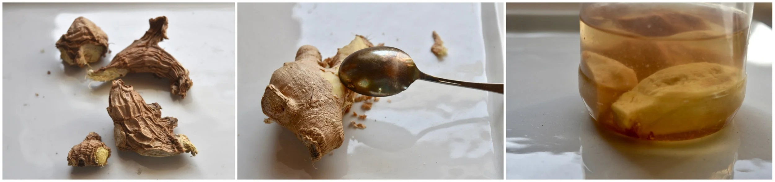 Look familiar? Don’t let your fresh ginger get all shriveled and moldy. Buy the fattest fresh ginger you can, peel it with a spoon, and store it in a jar covered with either dry sherry or some rice wine vinegar. It will keep indefinitely this way, and the liquid will take on great flavor to use for other sauces and marinades.