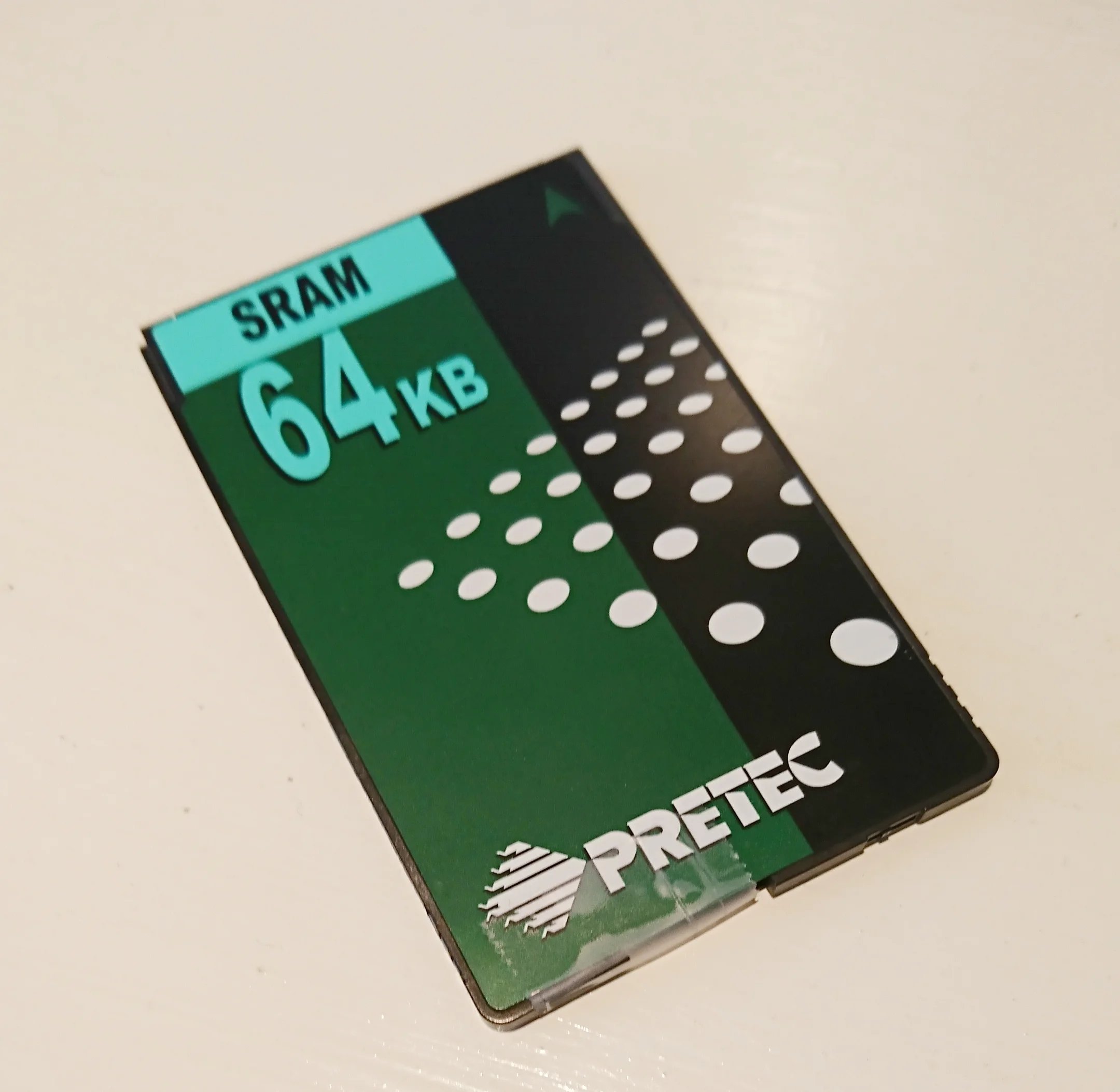 My original 1997-era Pretec 64 KB card with recent "repair" stopgap applied.