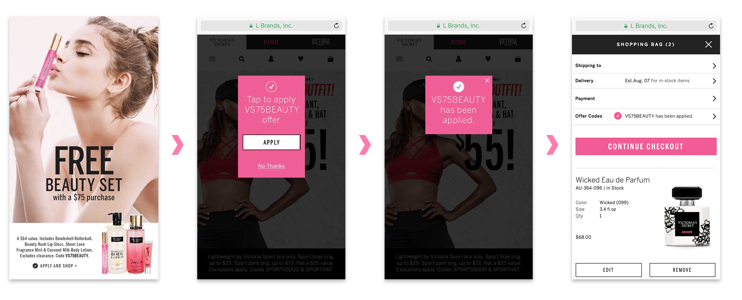 When a customer taps on an offer in an email, we ask her if she would like to apply that offer. This eliminated her previous need to hunt down the offer on the site, or pogo from the site to email in an attempt to figure out what to do next. The offer code is also visible in checkout, reinforcing that it has been added for her.