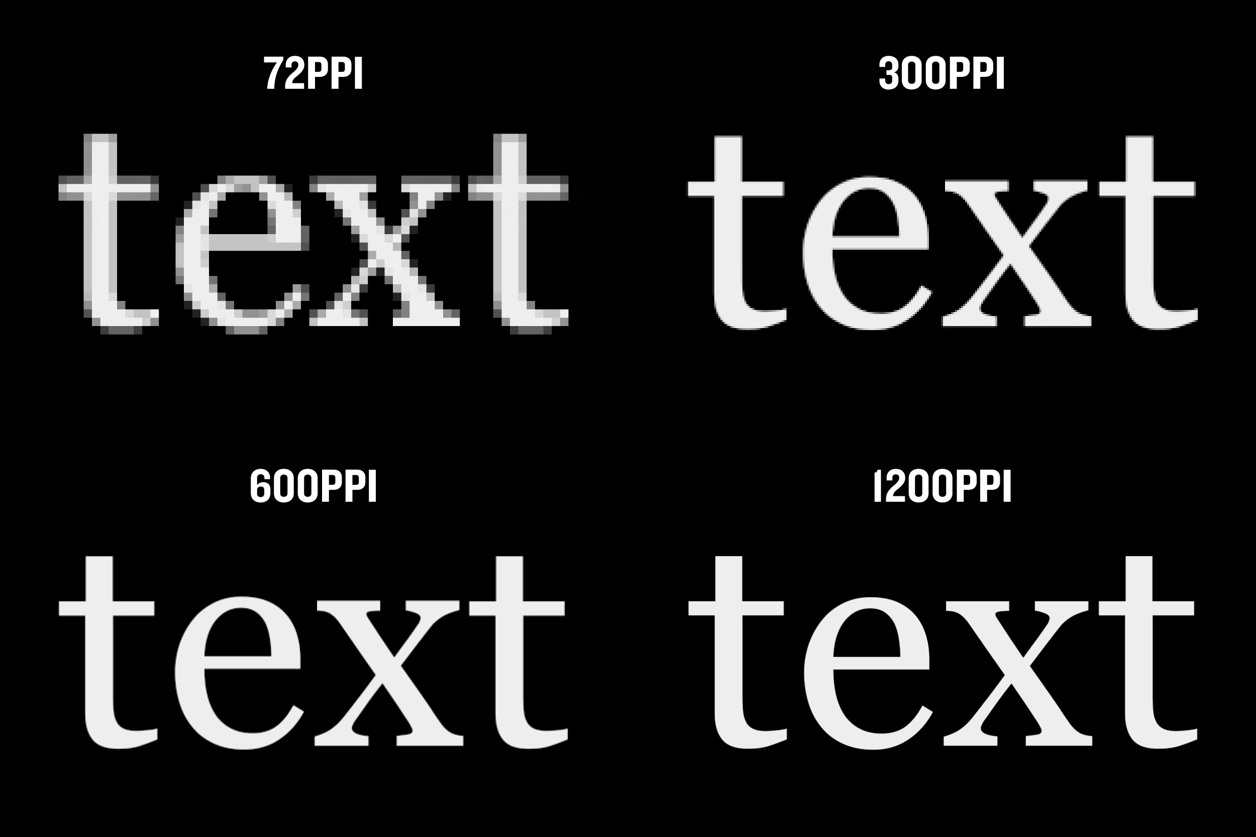 This is the same word at 4 different resolutions: 72, 300, 600, and 1200ppi. The difference is very noticeable when you zoom in to full size.
