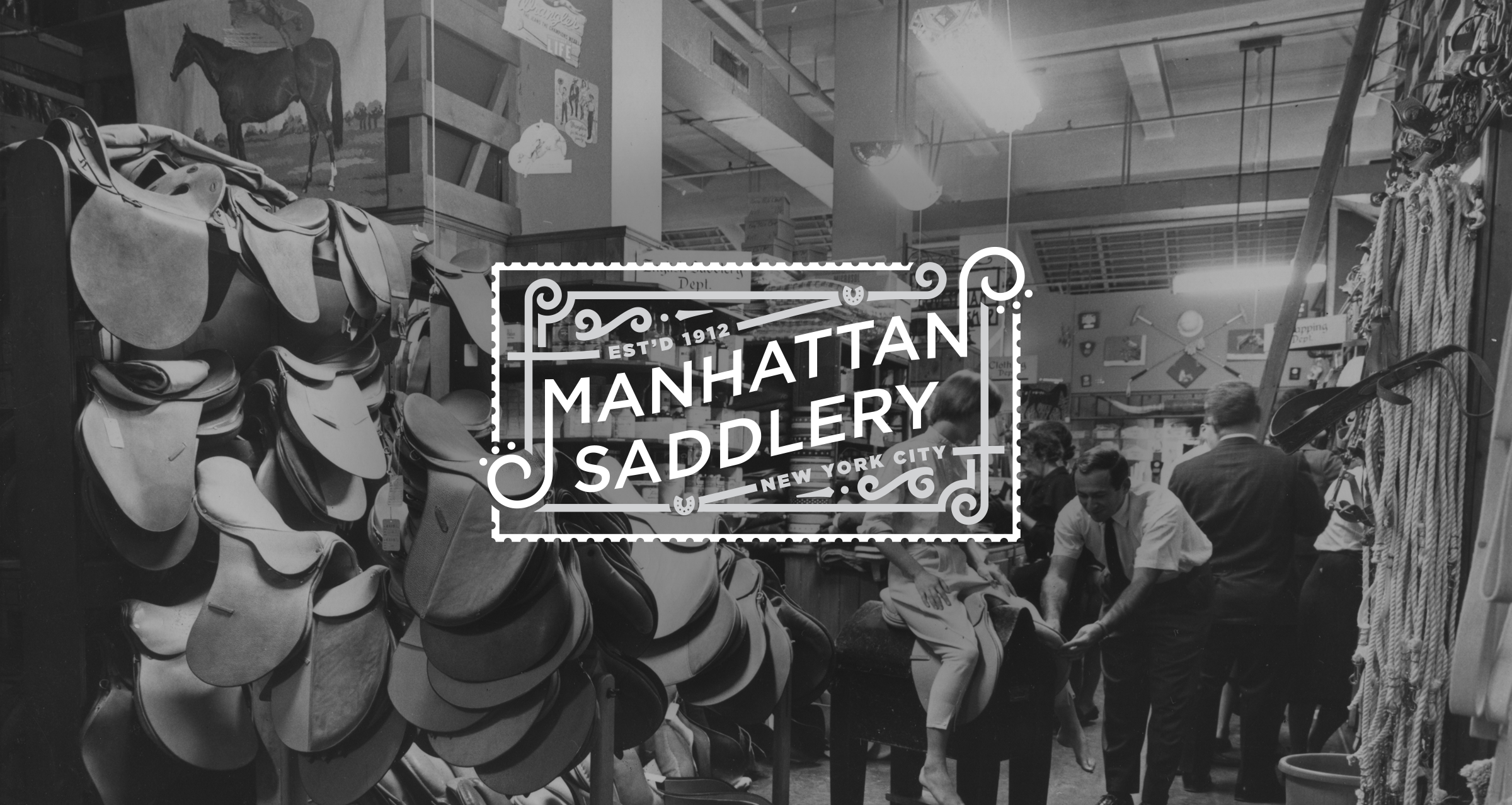 Manhattan Saddlery logo designed by Knockout! on a vintage photo inside Miller Harness Company
