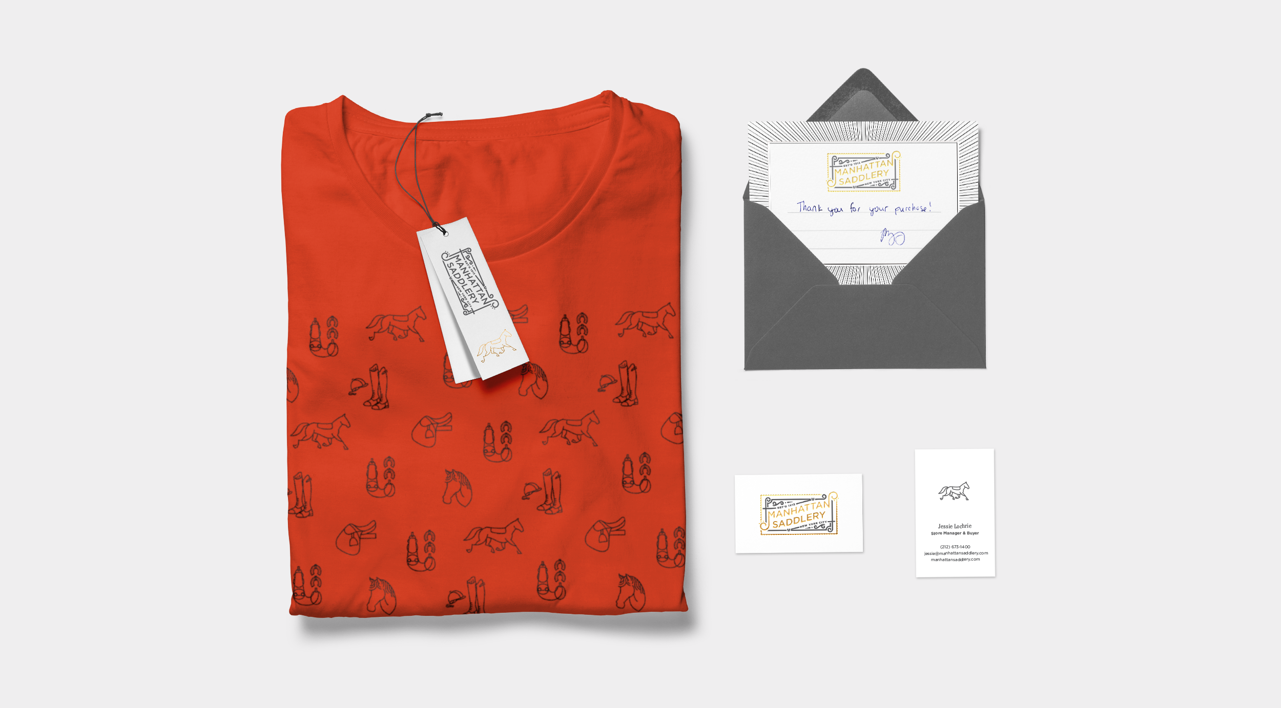 Shirt, hang tag, thank you card, and business card for Manhattan Saddlery by Knockout! Studio