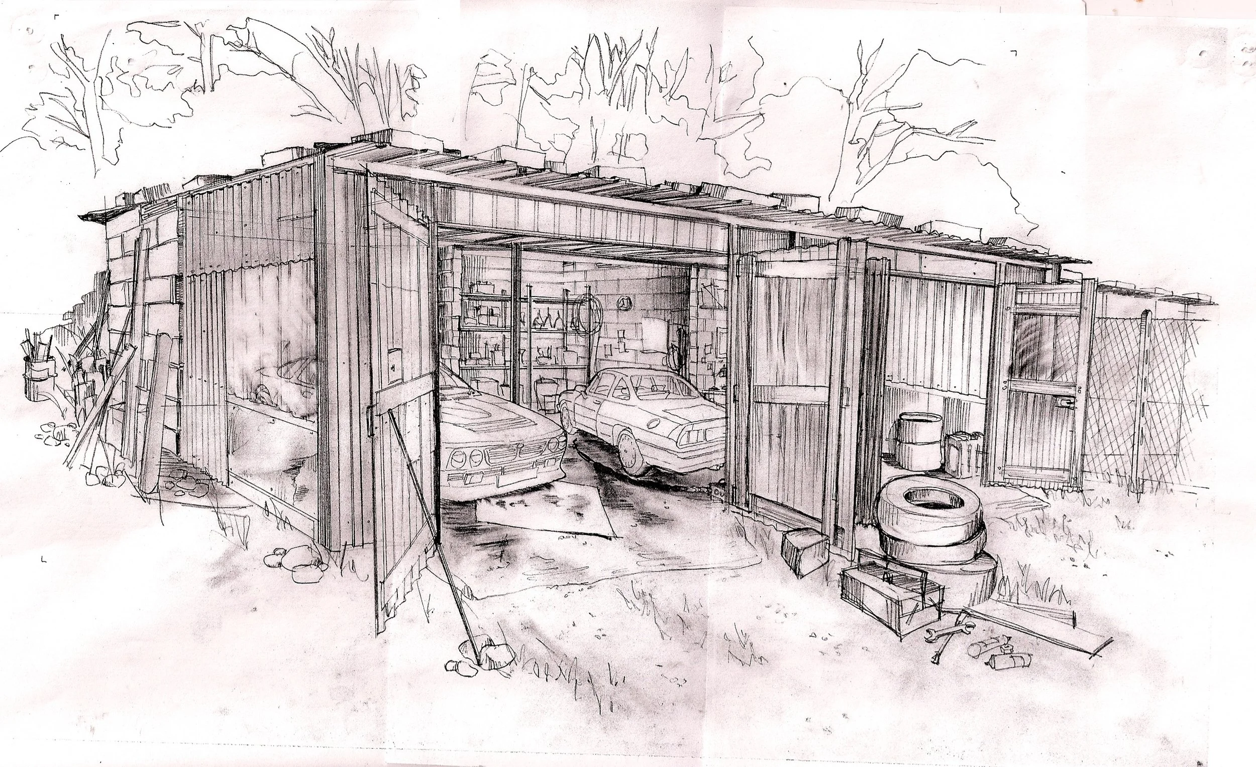 Sketch of garage under motorway bridge