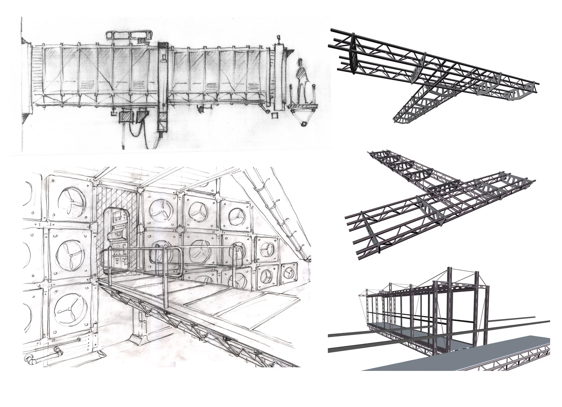 Oxygen Garden sketches of access bridge and main set