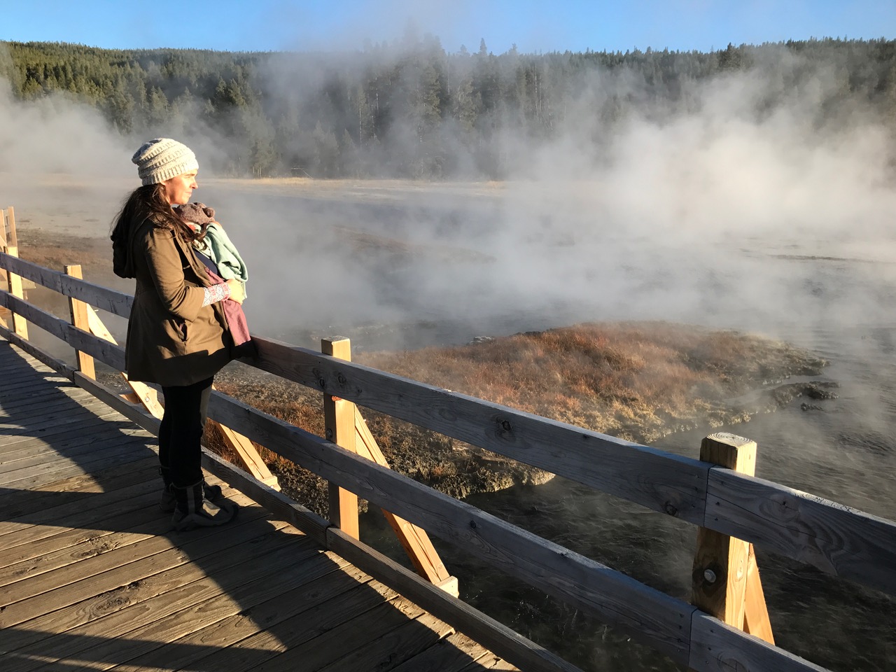Admiring the steam at the Hot Lake area of the park