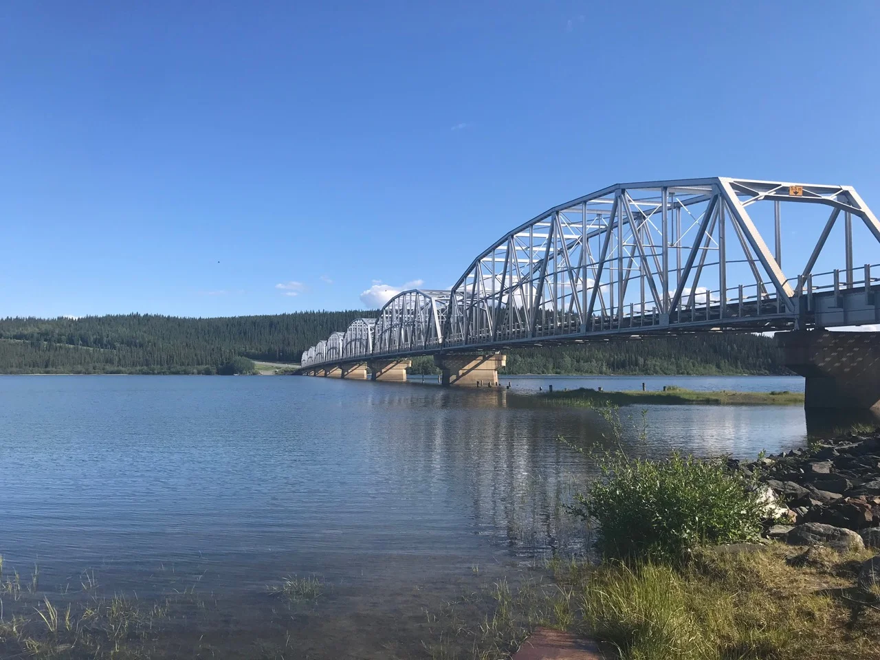 The Alaska Highway crosses many bridges, including this one over Teslin Lake.