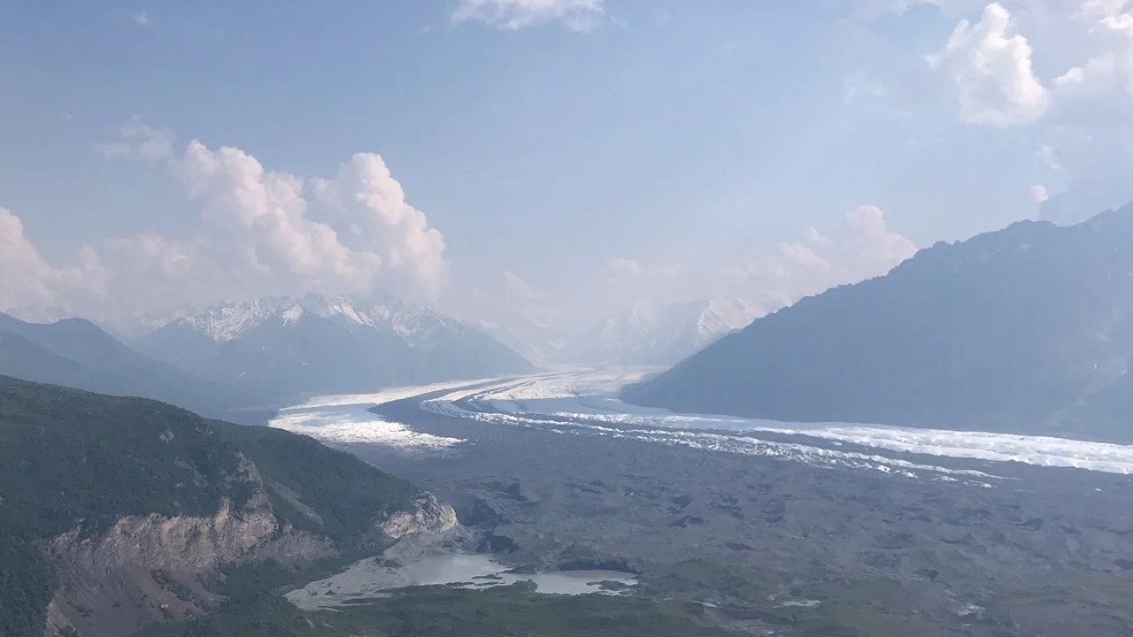Matanuska Glacier, 27 miles long, emerges from the Chugach Mountains.