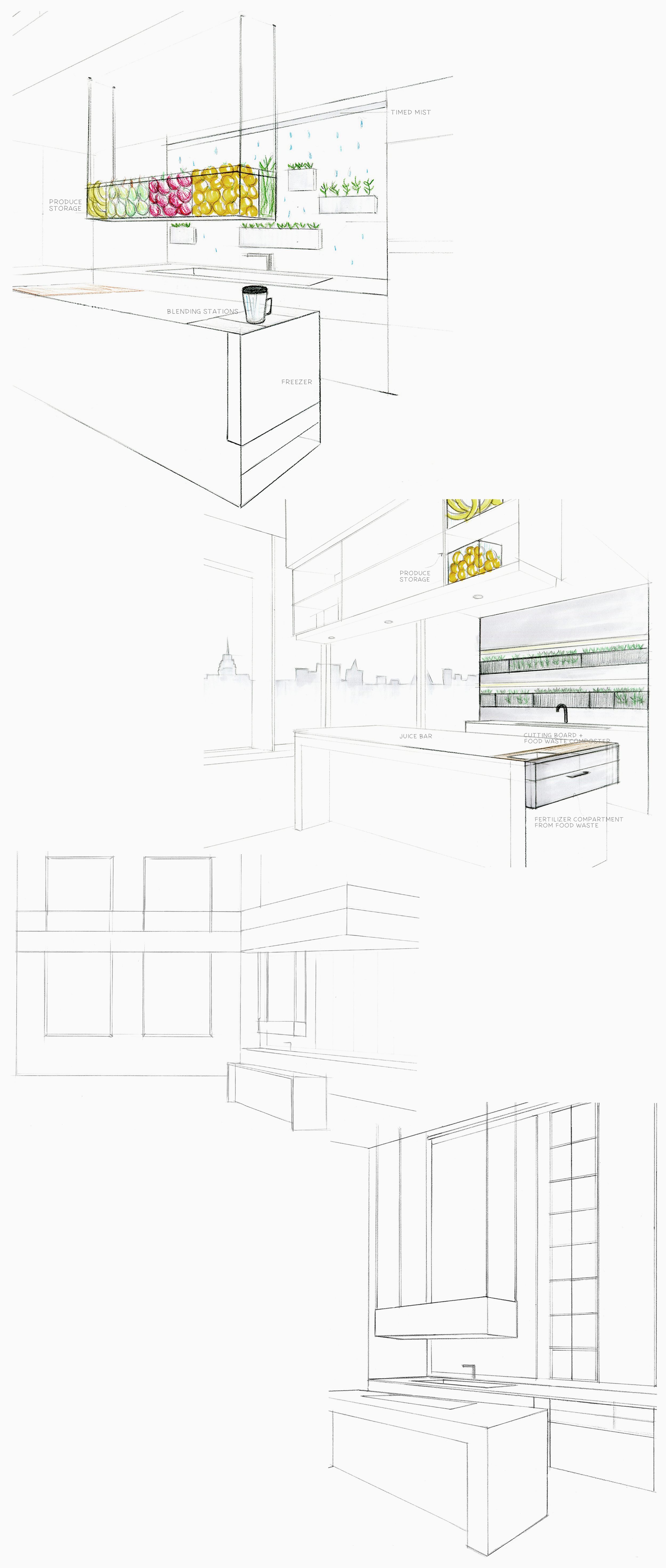 Based on the inspiration, I sketched many different open concept layouts. I mainly focused on a way to highlight the garden wall and display of produce in the overall design. Most importantly, the kitchen layout needed to be effective and efficient for the food prep and cooking process, while keeping in mind the social aspect of cooking.