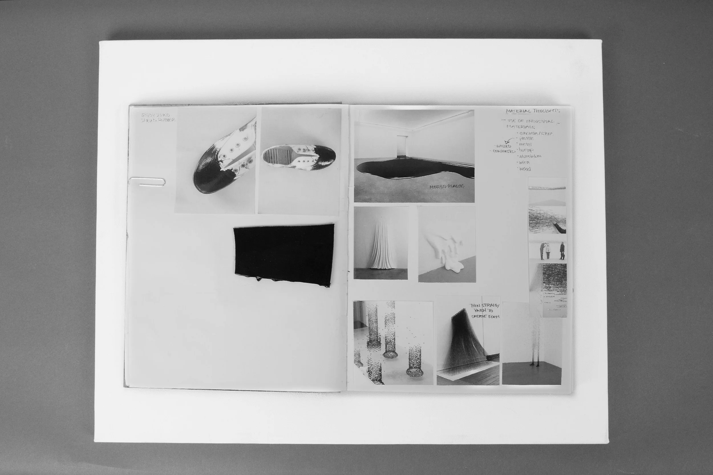  Bürgy's piece titled,  Black is coming,  was the main inspiration for experimenting with liquid rubber. I tested the rubber on a pair of shoes, as well as samples of leather to see how it would behave. The rubber was very thick, and difficult to wor