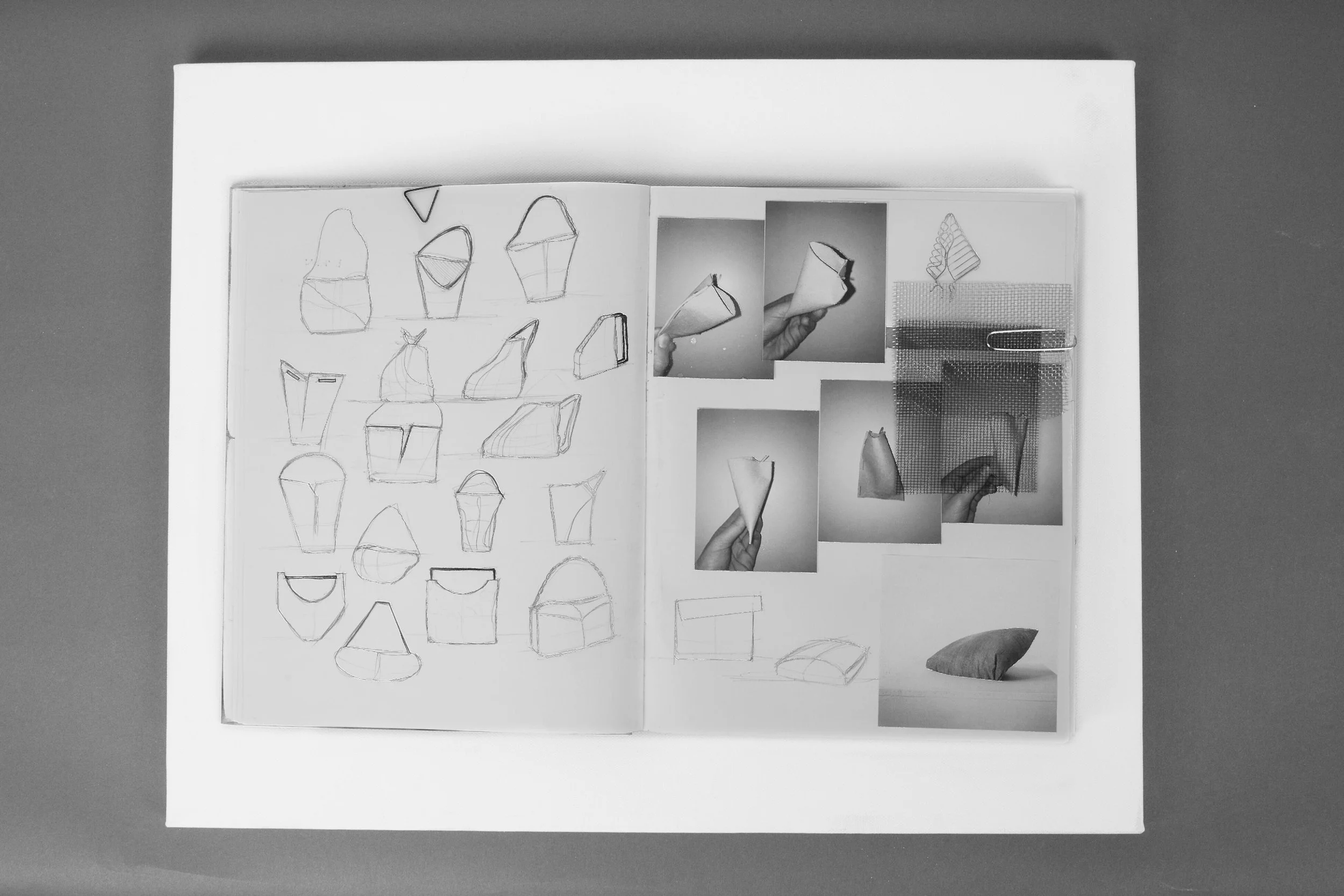   (left)  sketching possible forms for the handbags   (right)  Bürgy's piece titled,  La Fatigue,  presents an organic quality to a hanging piece of metal that sparked my curiousity. I created paper mockups that were pinched and folded in certain way