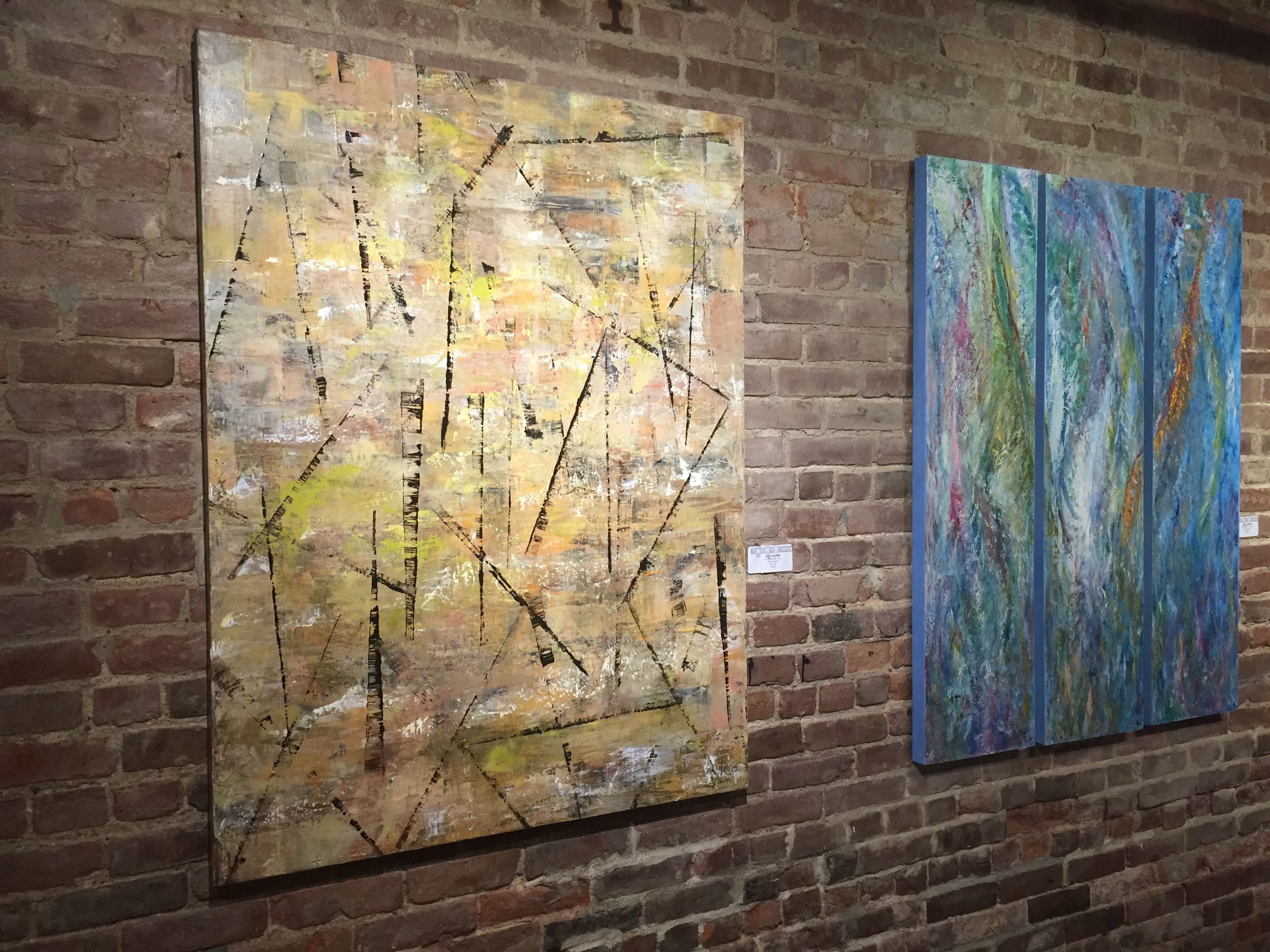 Jill S. Krutick, CUTTING EDGE, 2015 (Left) Oil on canvas, 48 x 36 inches (121.9 x 91.4 cm); PURPLE RAIN, 2013 (Right) Oil on canvas, 48 x 36 inches (121.9 x 91.4 cm). Three panels, 48 x 12 inches (121.9 x 30.5 cm) each.