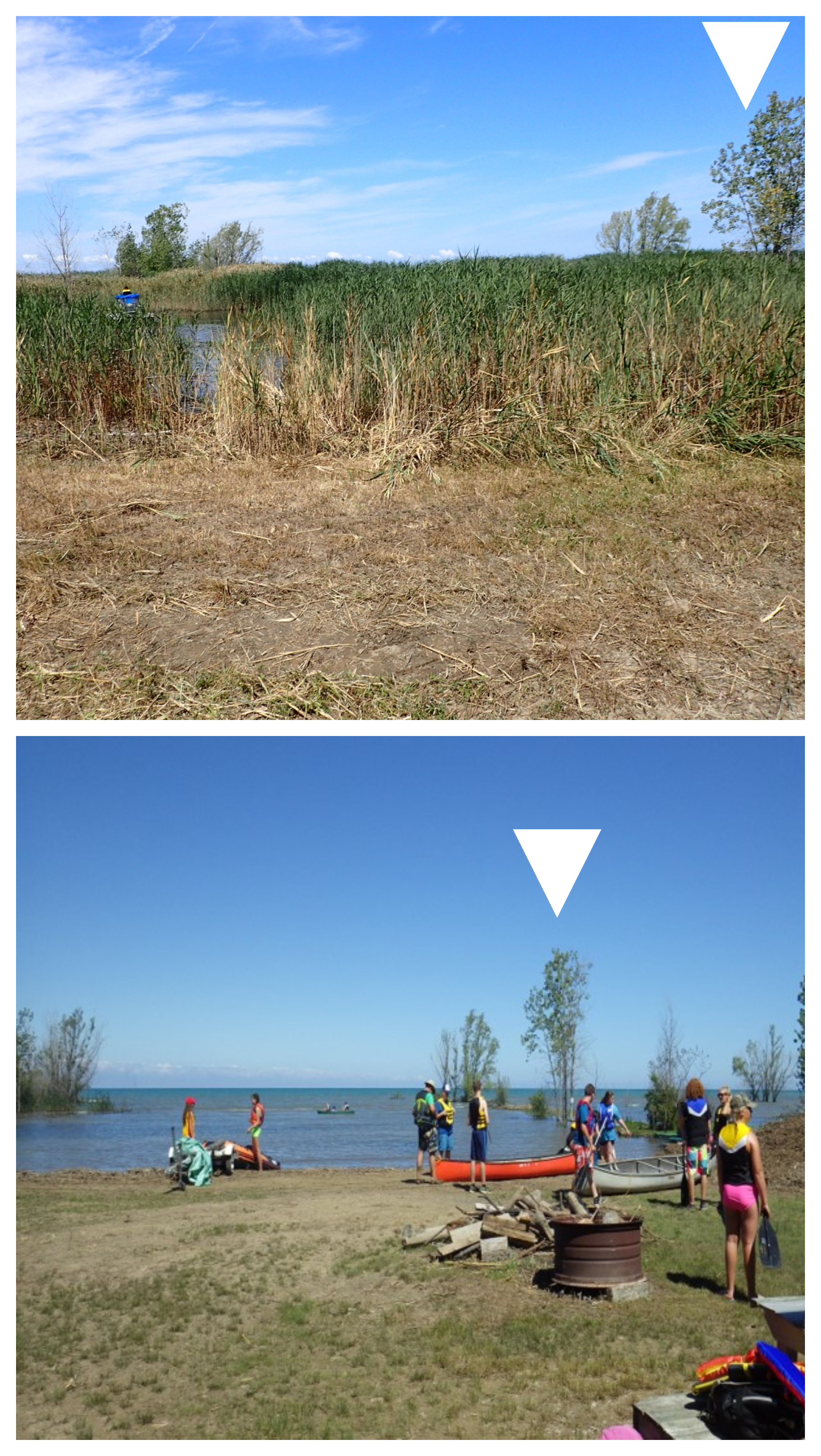 Before and after photos at the Lambton Centre camphround in Kettle Point. White triangles show landmark markers.