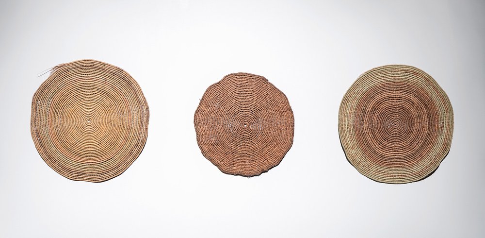 מיכל פוקס, שלושה עצי אורן (פריטים מתוך גוף העבודות מדבר האורנים), 2022, קליעה במחטי אורן | קרדיט צילום: ג'ייקוב אדולפי 
