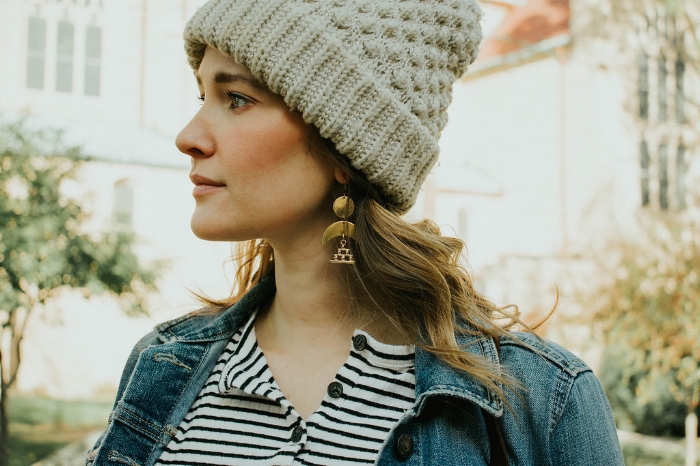 Rocking the Pyramid Moon Dangles with this casual fall outfit. Loving how versatile statement earrings can be!