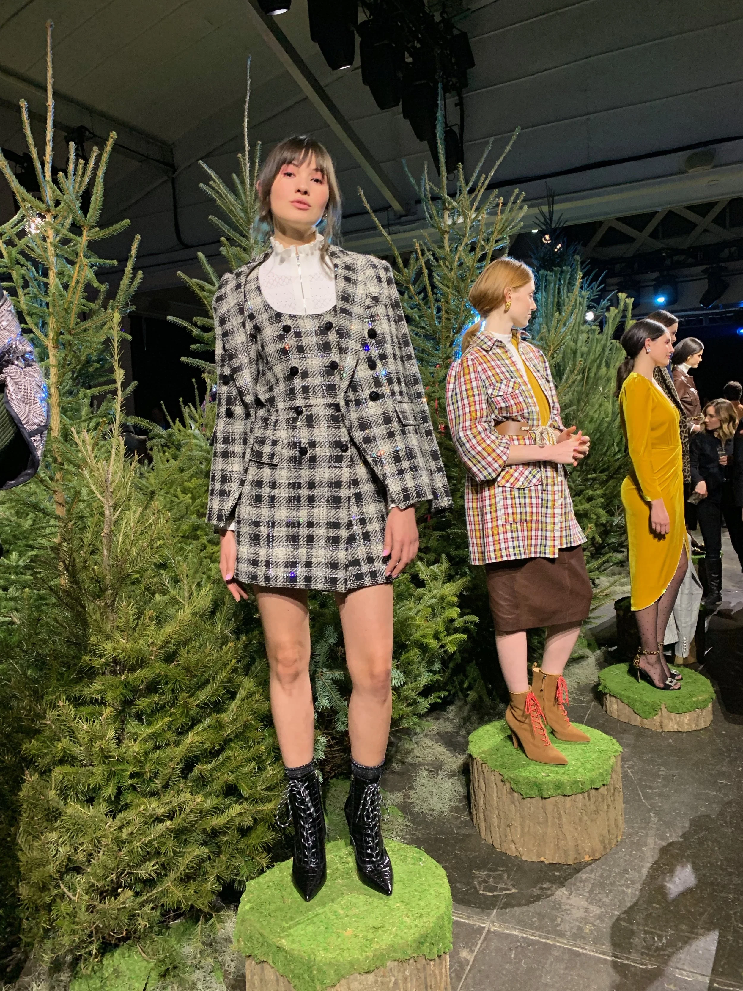 Model is wearing: Ivory SILVI Sweater, Rhinestone Plaid SONDRA Dress, Rhinestone Plaid MILLER Dickey Jacket, Black Paula Boots