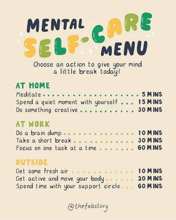 Self-care doesn&rsquo;t have to be big or perfectly planned. Often times it&rsquo;s actually about having simple options ready, like a menu you can choose from when you need support.

A short walk, a few deep breaths, music, or a quick reset can help