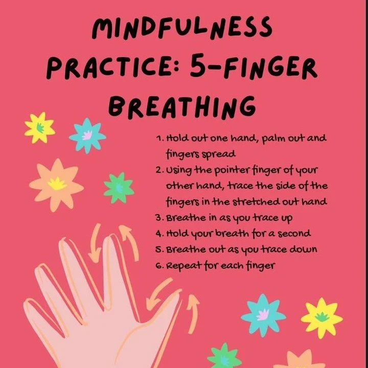 Five-finger breathing is a simple mindfulness tool that combines breath with movement and touch. As you trace your fingers, your hand becomes a visual and physical guide that helps ground your attention in the present moment. 

Mindfulness practices 