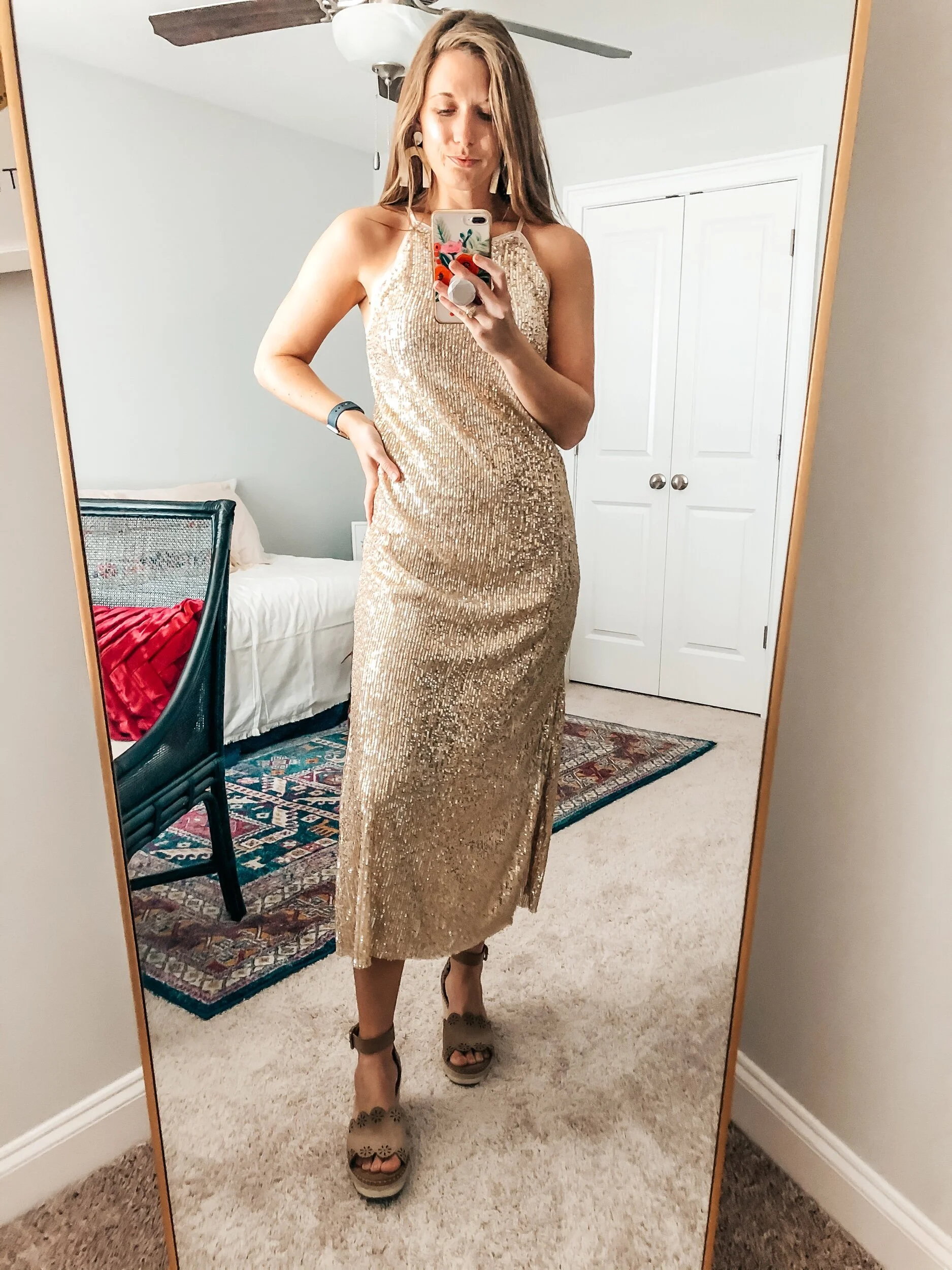 SEQUIN MIDI DRESS // EARRINGS // WEDGES