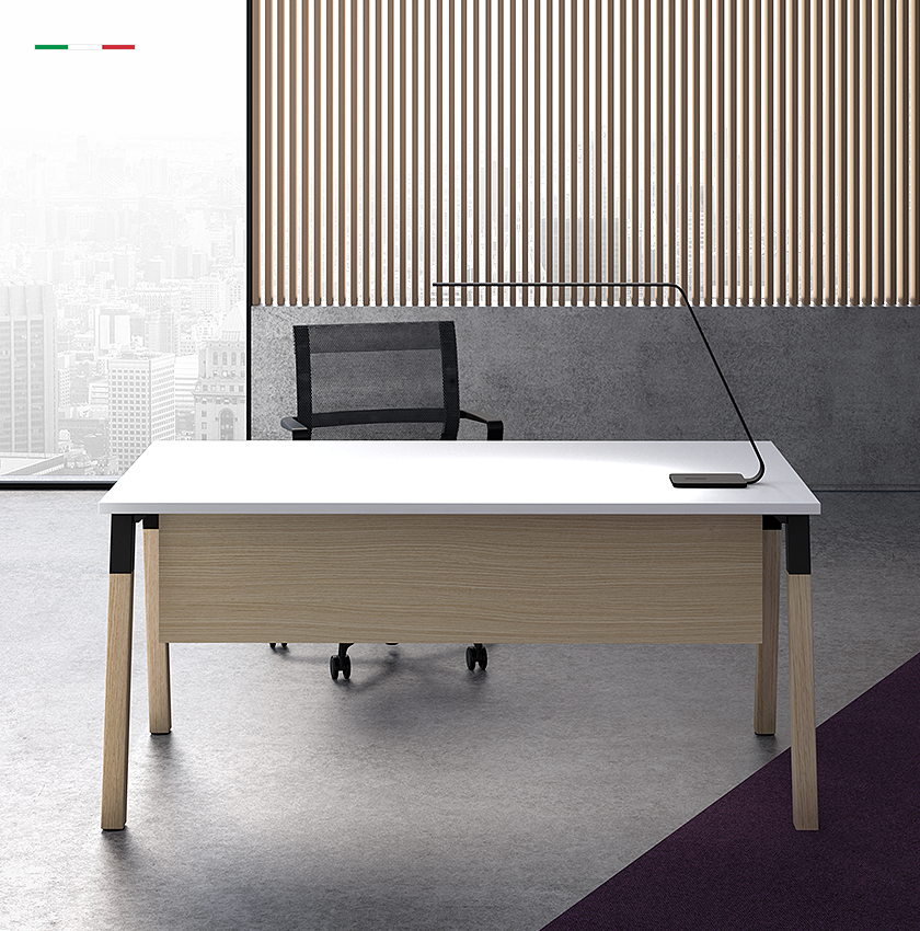 Polare Single Large Professional Desk for Workspace or Home Office, White  and Natural Oak