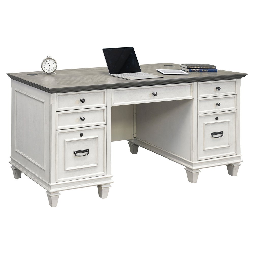 Vintage Style Executive Desk in Aged White and Gray