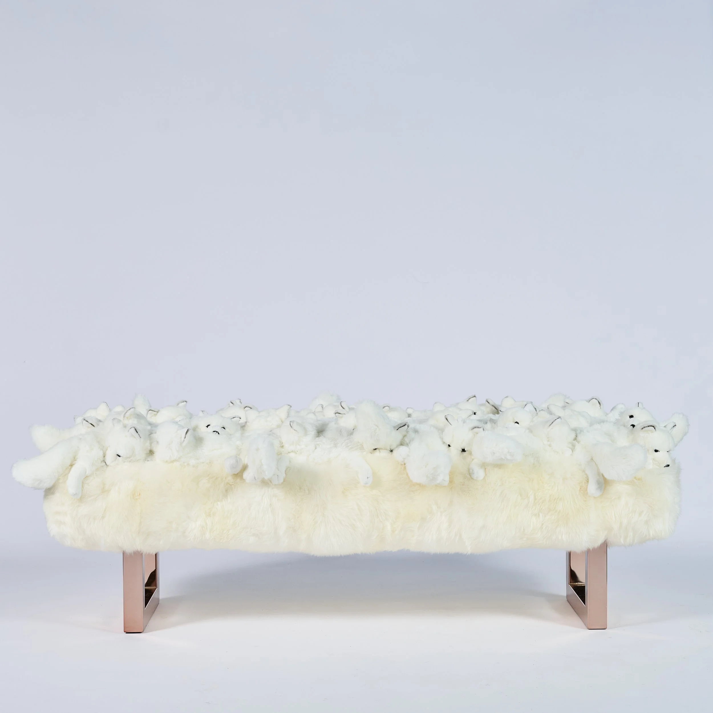 Handmade in Belgium, AP bench, wood & metal,sheepskin, polyester fabrics, 160x60x50 cm, limited edition of 100