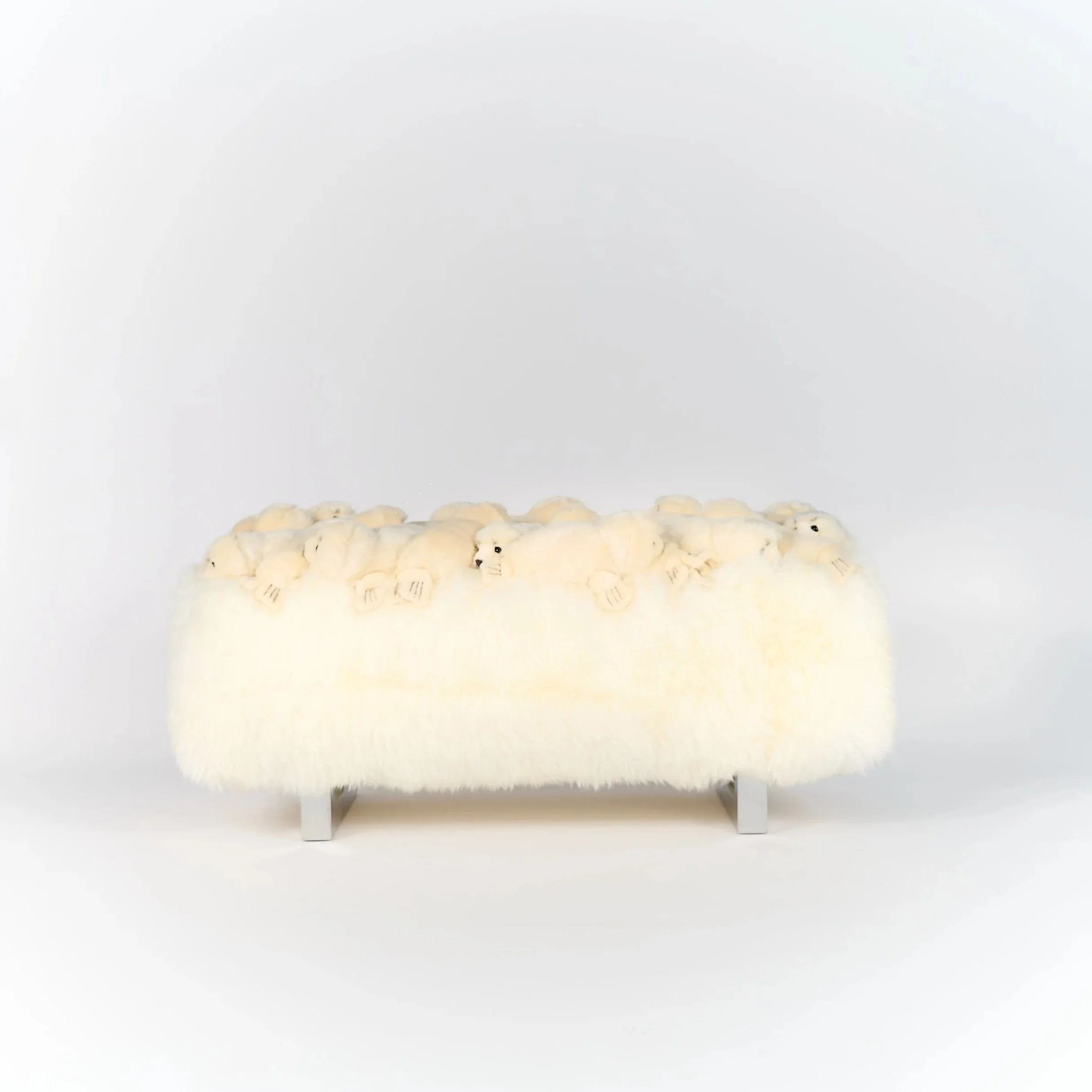 "White seals, majestic monarchs of the ice, warm our hearts with their brilliant white coats."

A little cloud of tenderness. Handmade plush baby seals rest on snow-white New Zealand sheepskin, on mirror-polished feet. Love, like the snow, pure and t
