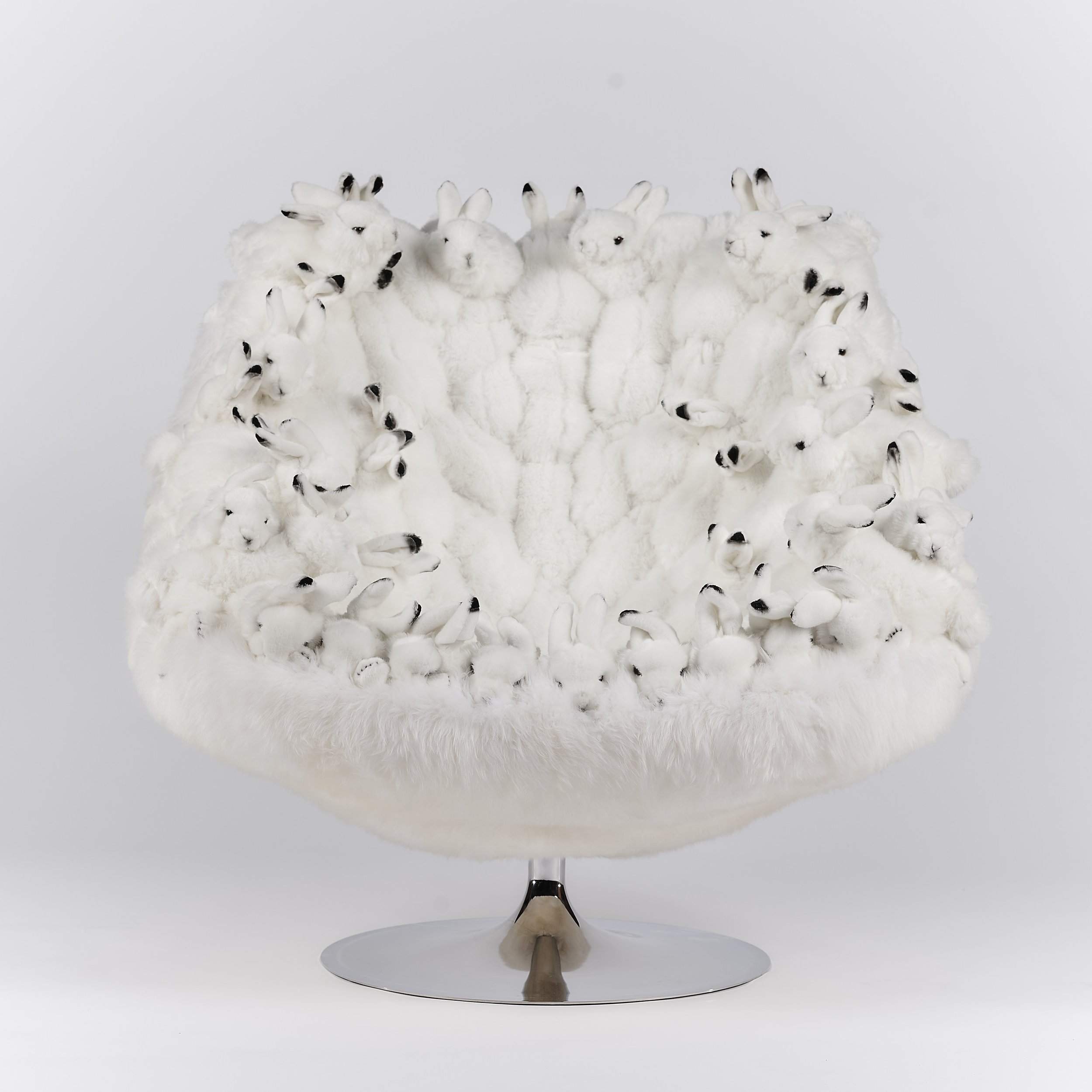 APcollection design base "Paulex", polyester plushes, metal, wood, textile fabrics, New-Zealand sheepskin, Handmade in Belgium, 95 H 98 L 92 l, Limited edition of 50"